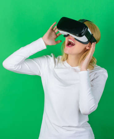 A person in virtual glasses flies in room space. Person with virtual reality helmet isolated on...