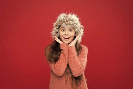Soft furry accessory. Winter season. Shopping concept. Keep head in warmth. Feeling warm. Child long...