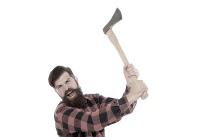 Destructive energy. Brutal lumberjack. Cutting wood. Sharp blade. Danger concept. Brutality and masculinity. Bearded lumberjack. Lumberjack style. Man with axe. Bearded man hold axe isolated on whiteの写真素材