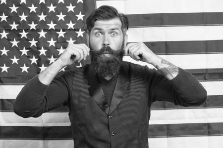 twist his mustache. funny man celebrate 4th of July. nice trip to usa. explore america on vacation. 4th of July Independence day. work and travel in usa. he is true american. Patriotic spiritの写真素材