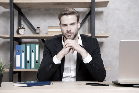 Head of department. Manager solving business problems. Businessman in charge business solutions. Developing business strategy. Man handsome boss sit office with laptop. Ceo boss director job positionの写真素材