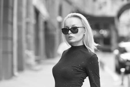 Boost your style sense. Sexy girl wear sunglasses outdoors. Pretty woman in summer style. Stylish eyewear. Trendy eyeglasses. Fashion accessories. Fashion and style. Elegance never goes out of styleの写真素材