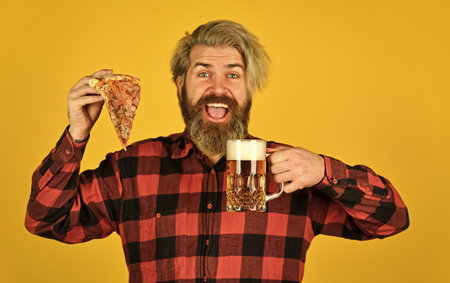 Love at first slice. Fresh and hot. In mood for Italian food. Man bearded hipster hold pizza. Pizza...