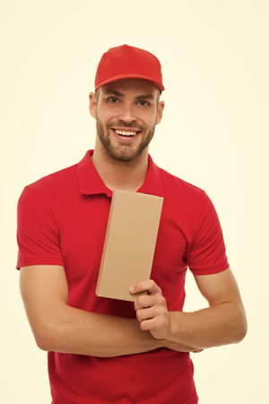 Your parcel in safe hands. Courier guy hold parcel box isolated on white. Parcel delivery service....