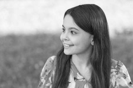 The joy of best hair. Happy girl wear long hair. Beauty look of little hair model. Kids barber....