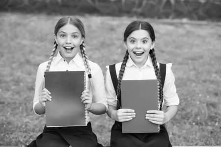 Waiting for the exam results. teen schoolgirls doing homework. Children using copybooks to study....