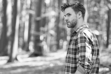 Handsome man travel in summer wood natural landscape sunny outdoors wearing plaid shirt in casual style, fashionの写真素材