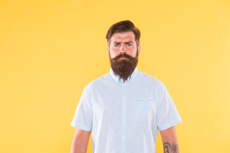 brutal bearded hipster with groomed beard is professional chef in white shirt, cookの写真素材