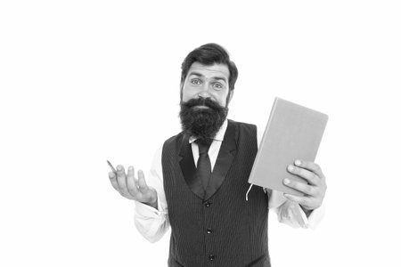 Doubting hipster teacher hold writing pen and school book, education in library