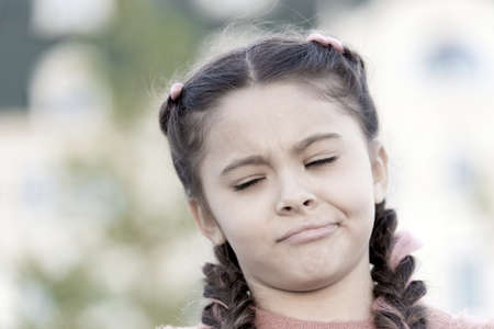 Have some doubts. Girl emotional face. Thoughts and doubts concept. Kid doubtful beautiful face....