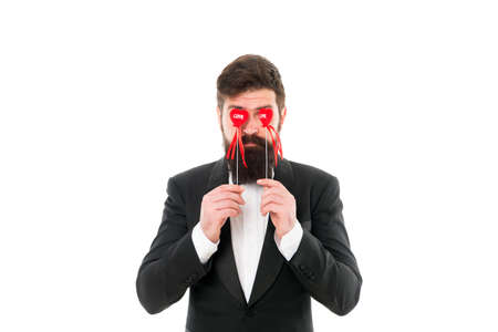 Dangers of blind love. Businessman with beard and mustache formal suit. Love and romance. Romantic...