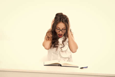 Study languages. Girl study. Desire to study. Learn female rights. Business coach. Smart teacher isolated on white. Student courses. Businesswoman in office. Education for adult. Keep studyingの写真素材