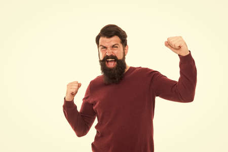 Success and satisfaction. Happiness and joy. Cheerful guy celebrate. Holiday celebration. Sincere happy expression. Bearded man feel happiness. Winner concept. Personal achievement. Happy proud guyの写真素材