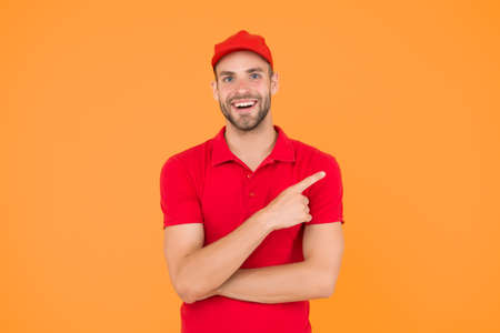 Special offer copy space. Shop worker. Handsome guy cashier. Staff wanted. Supermarket cashier. Man...
