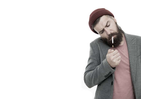 bad habits and addiction. man smoking cigarette. Male barber care. Bearded man. Hair and beard care. Mature hipster with beard. brutal caucasian hipster with moustache. confident manの写真素材