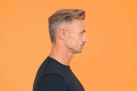 Perfect skin tone. I am just man. Facial care and ageing. Attractive mature man. Mature guy with grey hair and bristle. Male portrait concept. Men get more attractive with age. Beauty of mature faceの写真素材