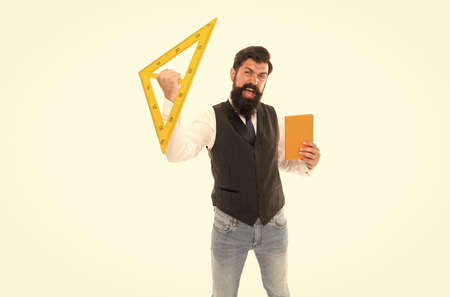 Engineering is science to solve problems. Excited hipster hold triangle and book isolated on white....