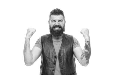 Extremely satisfied. Styling beard and moustache. Fashion trend beard grooming. Guy expressing success. Hipster with beard brutal guy. Product recommendation concept. Barbershop and beard groomingの写真素材