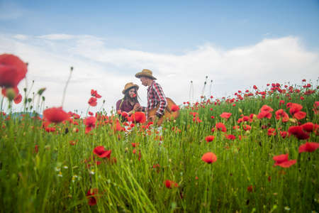 music. romantic couple with guitar in poppy flowers. family summer vacation. happy man and woman in love enjoy spring weather. happy relations. girl and guy in field. Love storyの写真素材