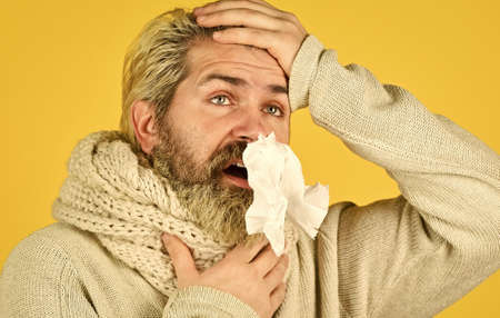Bearded man sick. Cold flu. First symptom. Headache virus symptom. Immune response. Health care and...