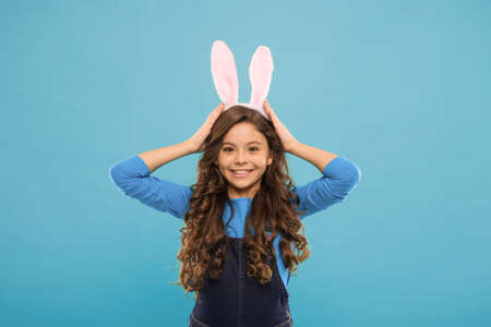 Happiness and joy. Preparing for Easter holiday. Small girl wear bunny ears. Kid in rabbit costume....