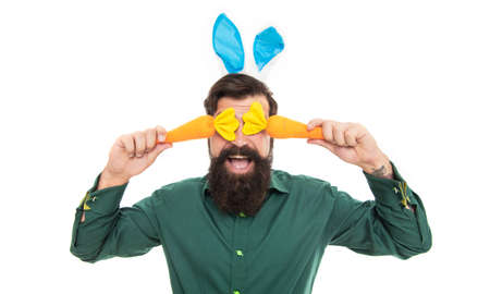 happy bearded man wear bunny ears. happy easter menu. easter carrot.の写真素材