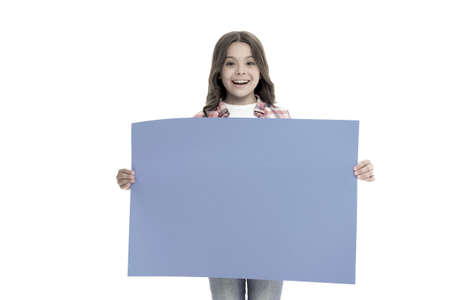 Girl kid hold blank surface copy space. Advertisement concept. Child cute girl happy carries blue...