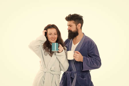 Cheerful young couple in the morning at home. happy family couple in love in the weekend morning. best friends enjoying morning. man spend time with his wife. family values. spending time togetherの写真素材