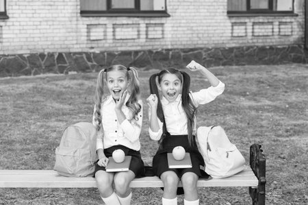 Happy school friends little girls having fun, joyful children conceptの写真素材