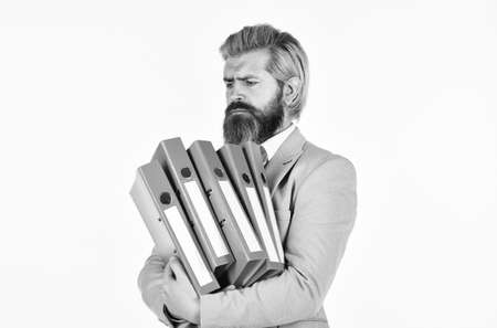 feeling sad. confident man manager hold paper folder. mature male boss. businessman work with documents. entrepreneur in modern office. business contracts. successful bearded ceo in jacketの写真素材