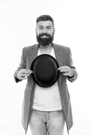 Man bearded guy magician. Magic trick performance concept. Circus magic trick performance. Entertainment and theatre. Magic show. Master of cunning tricks. Enjoying ovations. Street performanceの写真素材