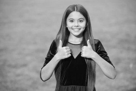 Happy small girl child with long hair and beauty look wear fashion dress showing thumbs ups hands gesture green grass summer outdoors, approvalの写真素材