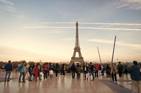 Paris, France - September 29, 2017: tourists and Eiffel tower on blue sky. View from observation...