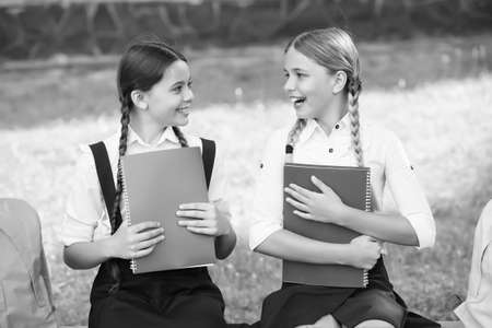 Have funny dialogue. back to school. teen pupils ready for lesson. prepare to exam. study together...
