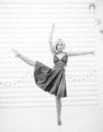 dance studio for everyone. crazy girl in dance studio. crazy girl dancer in ballerina pose. woman dancing at contemporary or classic class. skillful dancer performer. i can be a starの写真素材