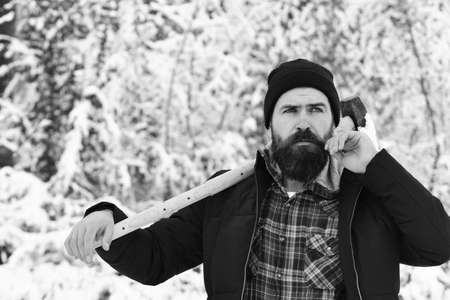 Macho in winter clothes. Guy with thoughtful face.の写真素材