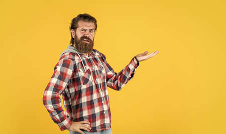 presenting product. confident and strict man in casual checkered shirt. mature bearded man in plaid shirt. handsome man wearing checkered shirt on yellow background. male beauty and fashionの写真素材