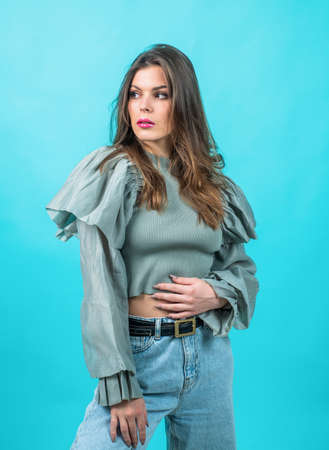 fashionable woman with long hair in stylish casual clothes, beautyの写真素材