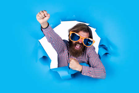 lets go. brutal caucasian hipster event manager. funny party glasses. just having fun. male going on...