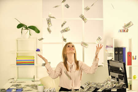 handout. businesswoman with office bag. successful woman got lot of money. she make dollars. confident millionaire. economy and finance. rich bank worker. investment in yourselfの写真素材