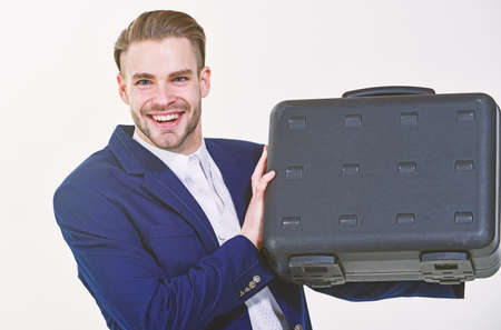 Business conference. Justification for proposed project or expected commercial benefit. Man hold briefcase. Business profit. Commercial offer. Businessman demonstrate briefcase. Business attributesの写真素材