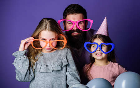 Fatherhood concept. Friendly family wear party accessories. Best dad ever. Fathers day. Daughters...