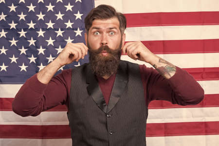 twist his mustache. funny man celebrate 4th of July. nice trip to usa. explore america on vacation. 4th of July Independence day. work and travel in usa. he is true american. Patriotic spiritの写真素材