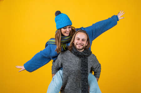 happy family couple wear knitted clothes in winter, friendshipの写真素材