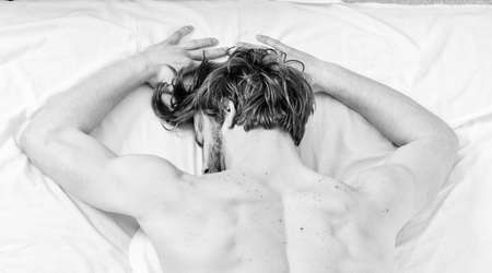 Guy bearded macho relax in morning. Total relax concept. Man attractive macho relax and feel...