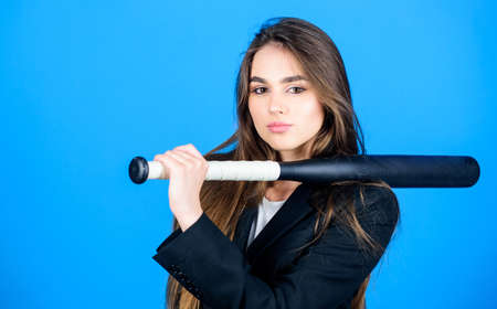 Aggressive business. Business lady boss. Time demands decisive actions. Business strategy. Confidence and strength. Life game. Build career. Woman pretty girl bear formal jacket and hold baseball batの写真素材