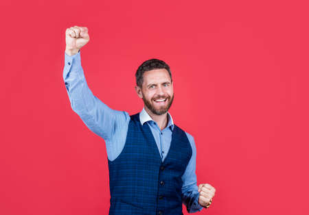 finally. confidence and success. office worker in formalwear. happy bearded businessmanの写真素材