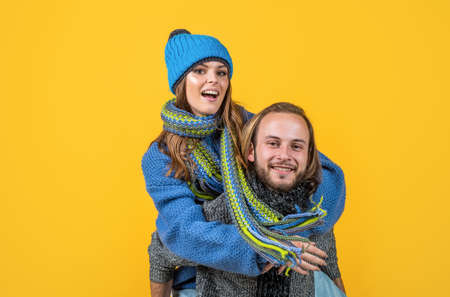happy man and woman wear knitted clothes in winter, relationshipの写真素材