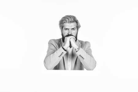 pursuit of larger purpose. business man in formal clothes. handsome man with stylish hairdo. portrait of professional businessman isolated on white. formal male fashion. brutal beauty and barberの写真素材