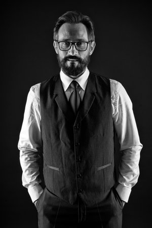 Charisma concept. Senior man with charisma. He has got charisma and confidence. Charisma of leader, black and whiteの写真素材
